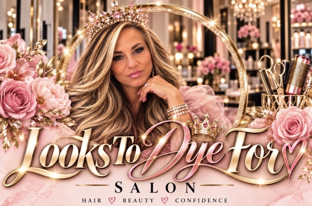 Looks To Dye For Salon banner: Master Stylist Trish Brewer with long blonde highlighted hair, framed by pink roses and gold, with the words Hair, Beauty, Confidence